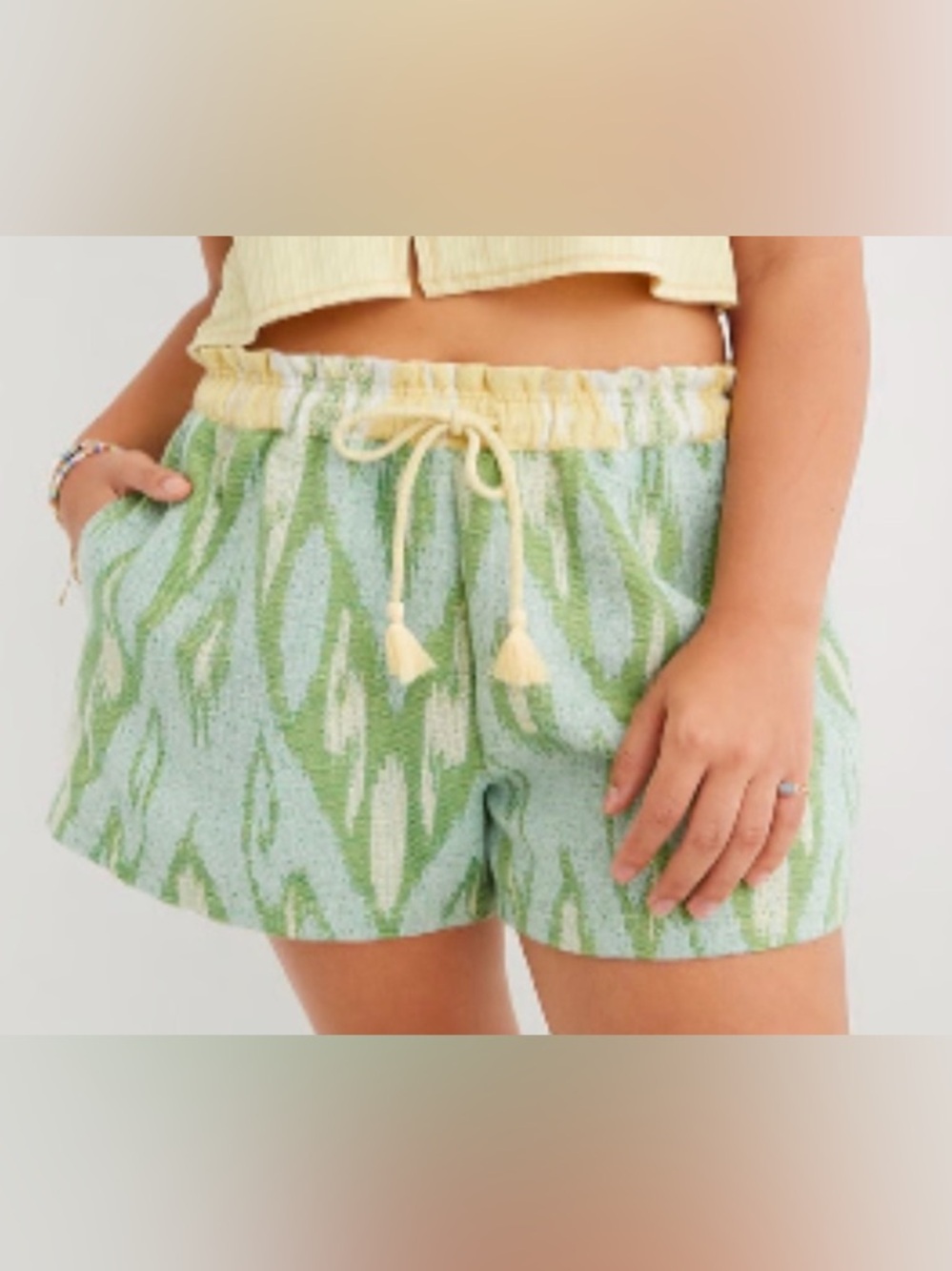 Aerie Green & Yellow Cotton Patterned High-Waist Drawstring Shorts Size S